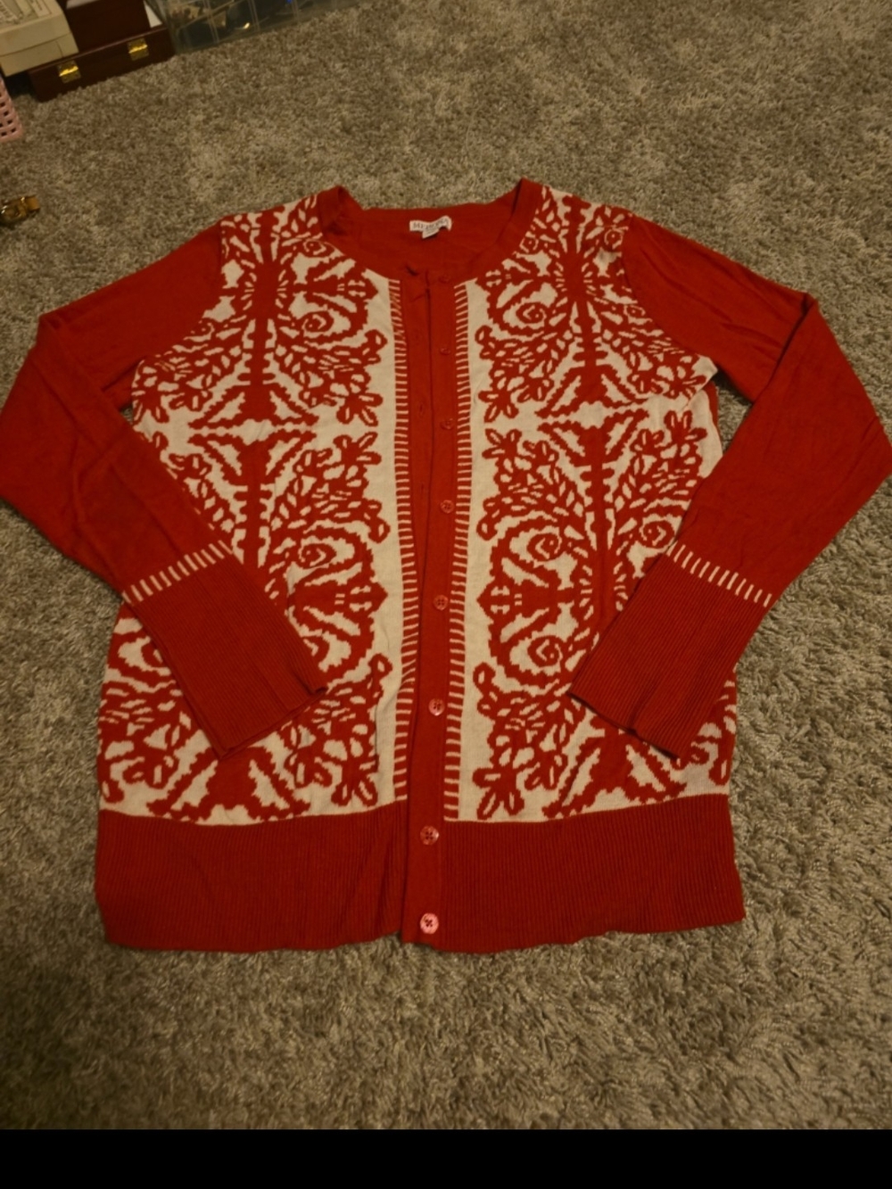 Merona Red and Cream Patterned Button-Front Cardigan